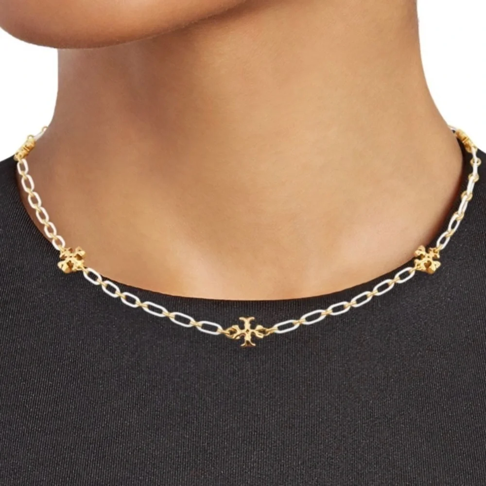 🆕Tory Burch Authentic Roxanne-Gold-Plated & Ivory Acrylic Logo Chain Necklace